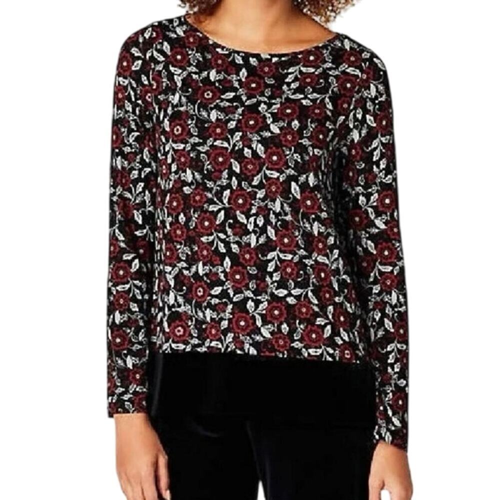 J. JILL Wearever Collection Black Floral Print Long Sleeve Velvet Hem Top S Tall